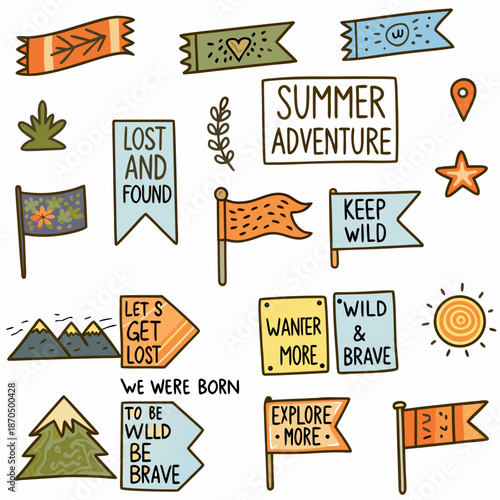 Colorful hand drawn summer adventure themed badges and stickers collection illustration