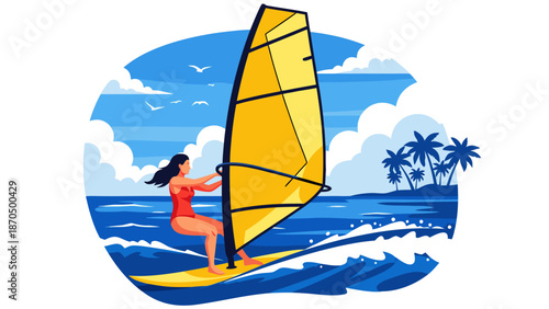 Action-packed vector illustration of a woman windsurfing on a sunny day with ocean waves and tropical palm trees in the background