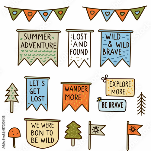 Colorful hand drawn banners with adventure quotes and nature themed elements