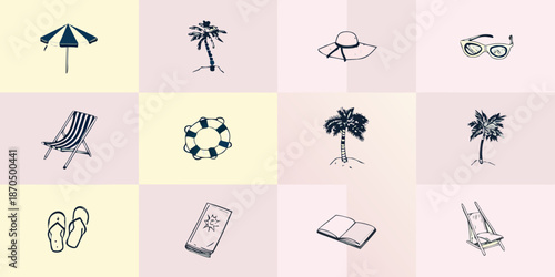 A collection of summer vacation themed icons in a grid layout