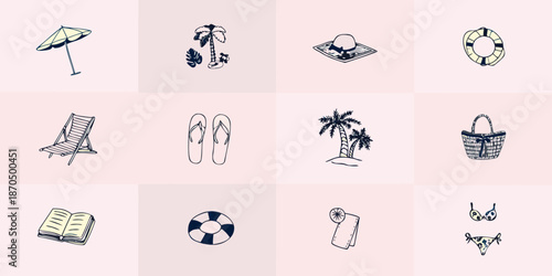 A collection of summer themed icons displayed on a pastel pink background