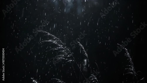 Rain falls, illuminating grass in darkness, with bright highlights