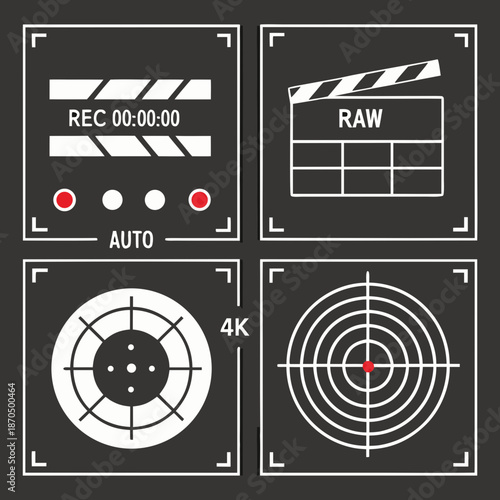 Film and video production elements clapperboard raw footage and targeting reticles