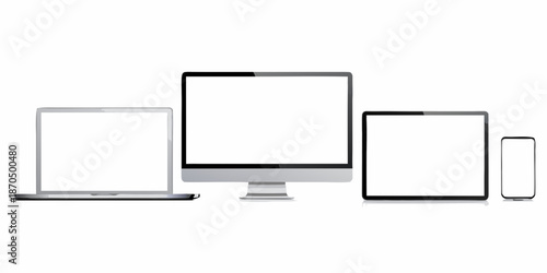 A collection of modern digital devices including laptops monitors and smartphones