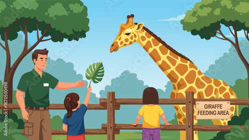 Happy Zoo Scene Vector Illustration with Giraffe Feeding Area and Visitors