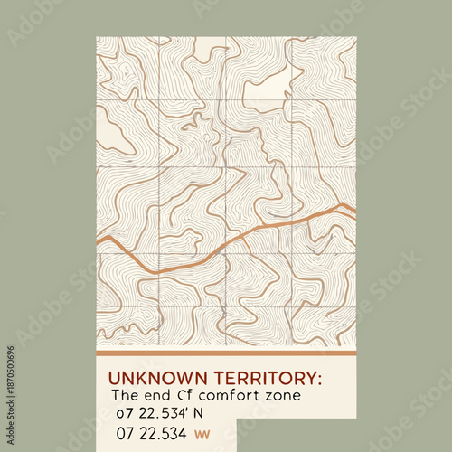 A topographical map with an orange line and text reading unknown territory