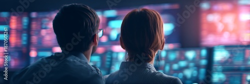 Two individuals observe colorful screens displaying data, suggesting a high-tech environment focused on analytics or monitoring.