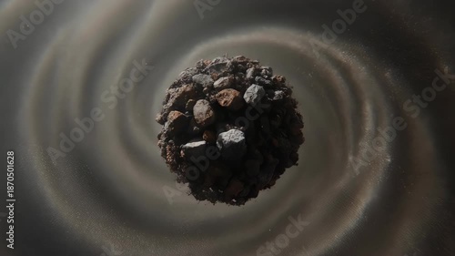 A spherical rock formation amid a swirling, dusty atmosphere