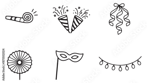 Hand drawn line art party decoration set featuring party blower, confetti poppers, mask, and string lights for celebrations and festive designs