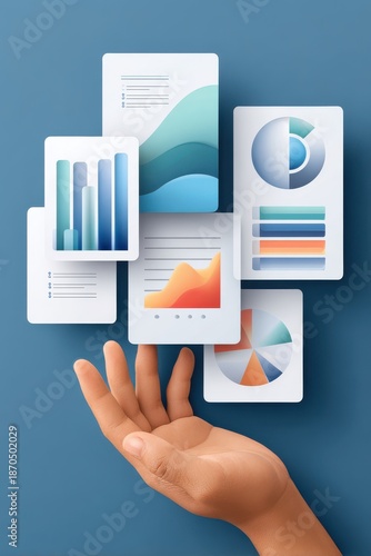 Hand holds up isometric charts and graphs displaying data analytics and visual insights