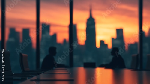 Silhouettes of two individuals in a modern conference room, with a vibrant sunset skyline showcasing the Empire State Building in the background.