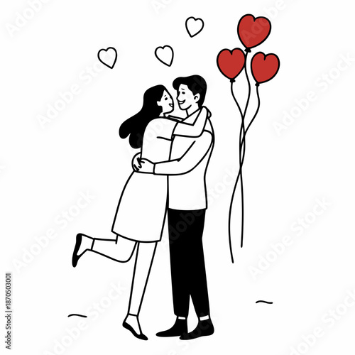 Smiling young couple embracing while celebrating Valentines day with red balloons on background