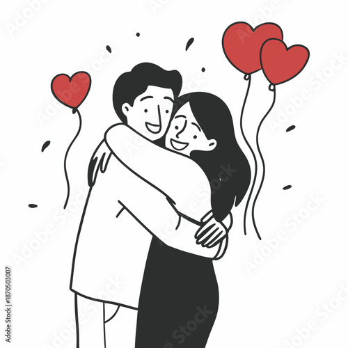 Smiling young couple embracing while celebrating Valentines day with red balloons on background