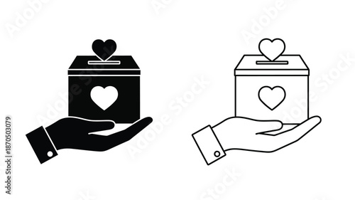 Hands holding donation boxes with hearts representing charity and giving