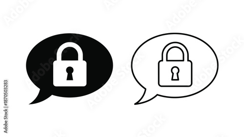 Two padlock icons within speech bubbles one filled and one outlined