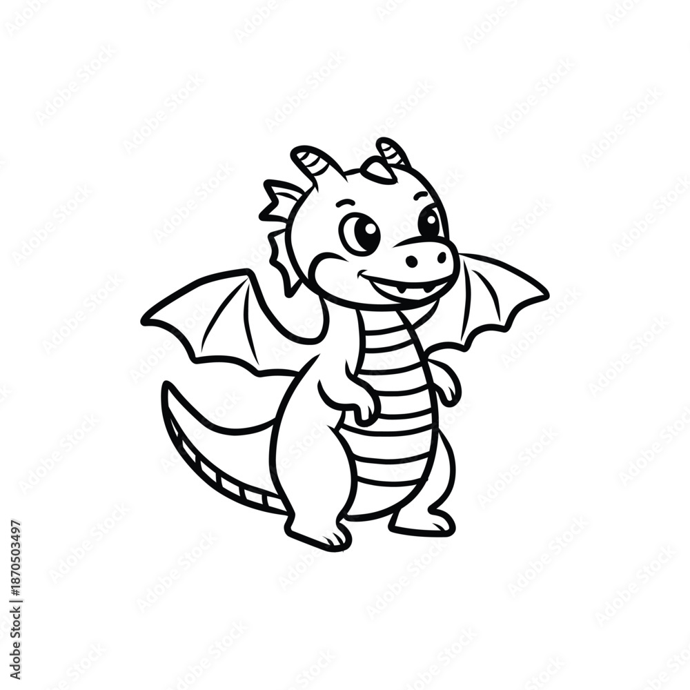 Obraz premium Cute Dragon Cartoon Line Icon with Wings and Horns