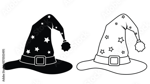 Two stylized wizard hats one black and one white with star patterns