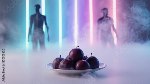 Plums on a plate amid silhouettes and lights in vapor