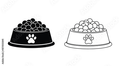 Black and white illustration of two pet food bowls filled with kibble