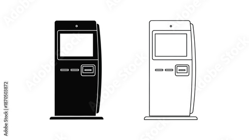 Black and white illustration of two self service kiosk machines with screens