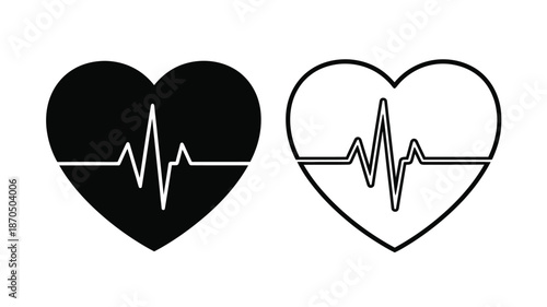 Black and white heart icons with electrocardiogram lines depicting health