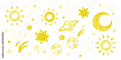 A playful doodle of celestial bodies suns moons stars and planets