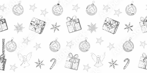 Festive holiday pattern with ornaments gifts snowflakes and angelic figures