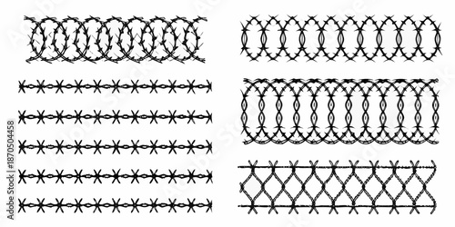Variety of barbed wire patterns and designs illustrated in black and white