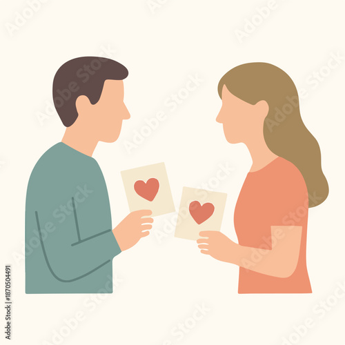 Minimal vector of couple exchanging handwritten notes instead of gifts