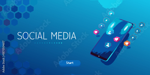 Social media concept with smartphone icons and a hexagonal background