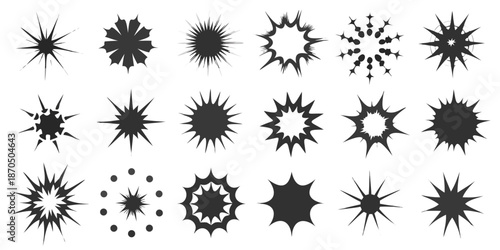 Abstract collection of dark starbursts and explosion shapes on black background