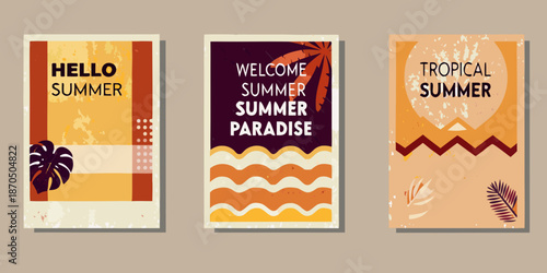 Three summer themed posters with tropical leaves and welcoming messages