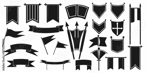 Collection of various black medieval banners flags and heraldic shield designs