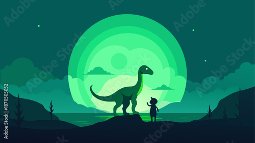 Dinosaur and child under the moonlight