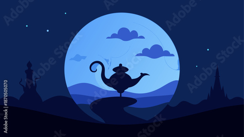 Genie lamp silhouette in moonlight night