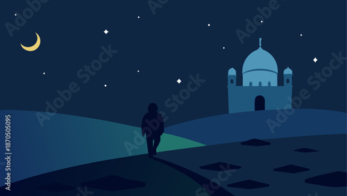 Person walking toward mosque at night
