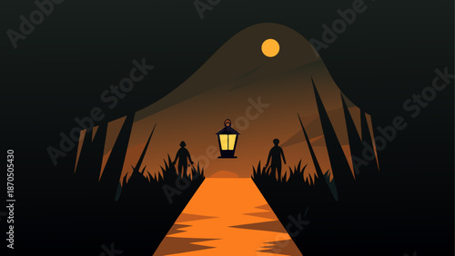 People walking towards a glowing lantern