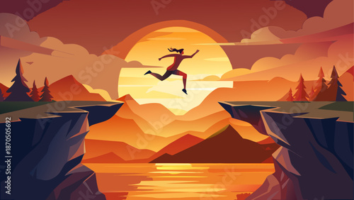 Silhouette jumping cliff sunset landscape
