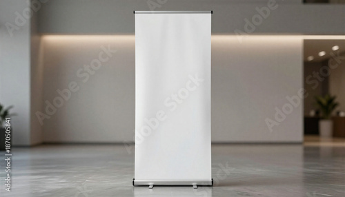 Realistic pull-up banner mockup with vertical blank display in modern exhibition space, polished floors and diffused ambient lighting highlighting edges and smooth texture, minimalist and elegant setu