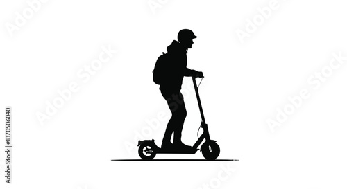 Silhouette of a person riding an electric scooter with a backpack, conveying modern urban mobility.