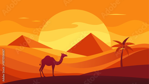 Camel silhouette in desert at sunset time