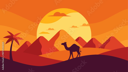 Camel walking in desert during sunset time