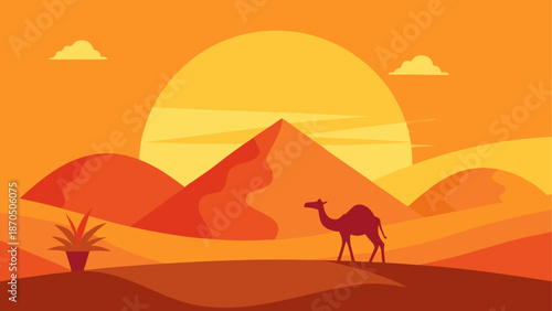 Camel walking in desert with pyramids