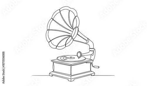 One Line Art Antique Phonograph Gramophone Vector Illustration