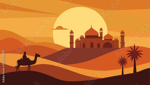Silhouette of camel and desert landscape