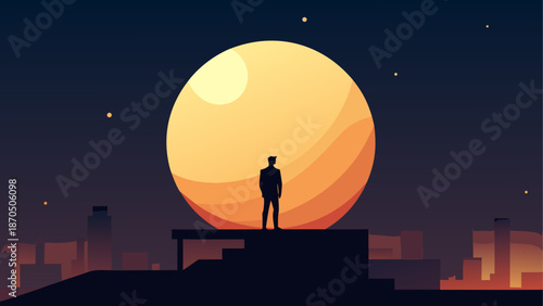 Silhouette man watching the large moon