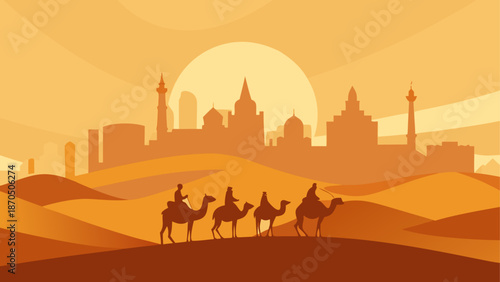Caravan crossing desert with city view