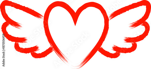 Brushstroke red heart with wings symbolizing flying love and romantic freedom
