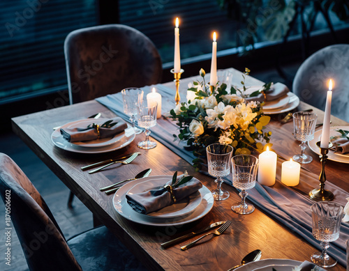 Tableau sur toile Romantic Candlelit Dinner Table with Elegant Floral Centerpiece