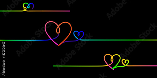 Rainbow colored hearts on a black background representing love and connection